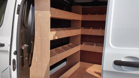 RS VW Transporter T5 T6 LWB triple van racking system with tool storage organizer for commercial van interior.
