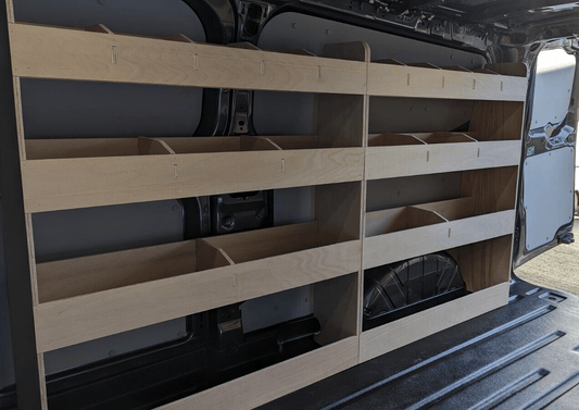 VW Transporter T7 SWB double unit van shelving tool organiser for commercial vehicle storage and organisation in the cargo area.