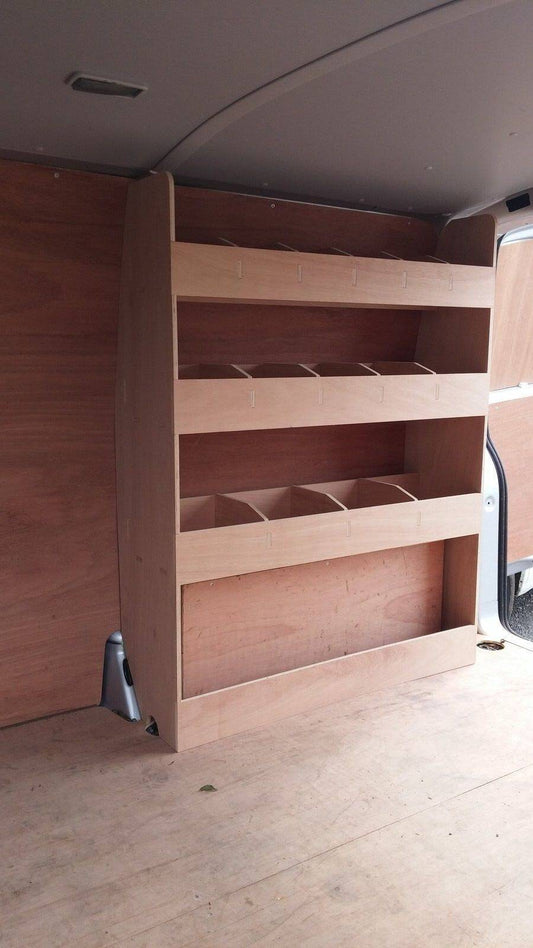 RS VW Transporter T5 T6 SWB driver side van racking shelving for tool storage in commercial vehicle van interior.