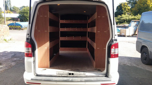 VW T6 Transporter Van Racking LWB complete plywood shelving system for organized van storage and commercial vehicle parts.