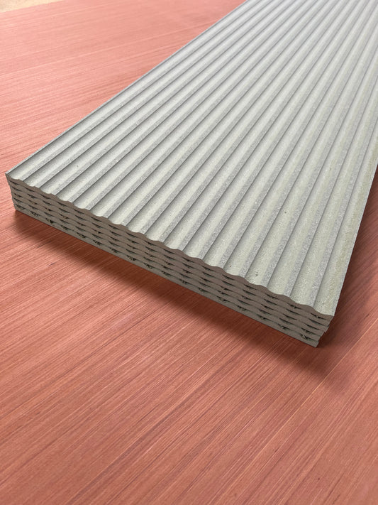 Shropshire CNC MDF 9mm fluted wall panel kit showing textured, grooved MDF panels for interior wall decoration.