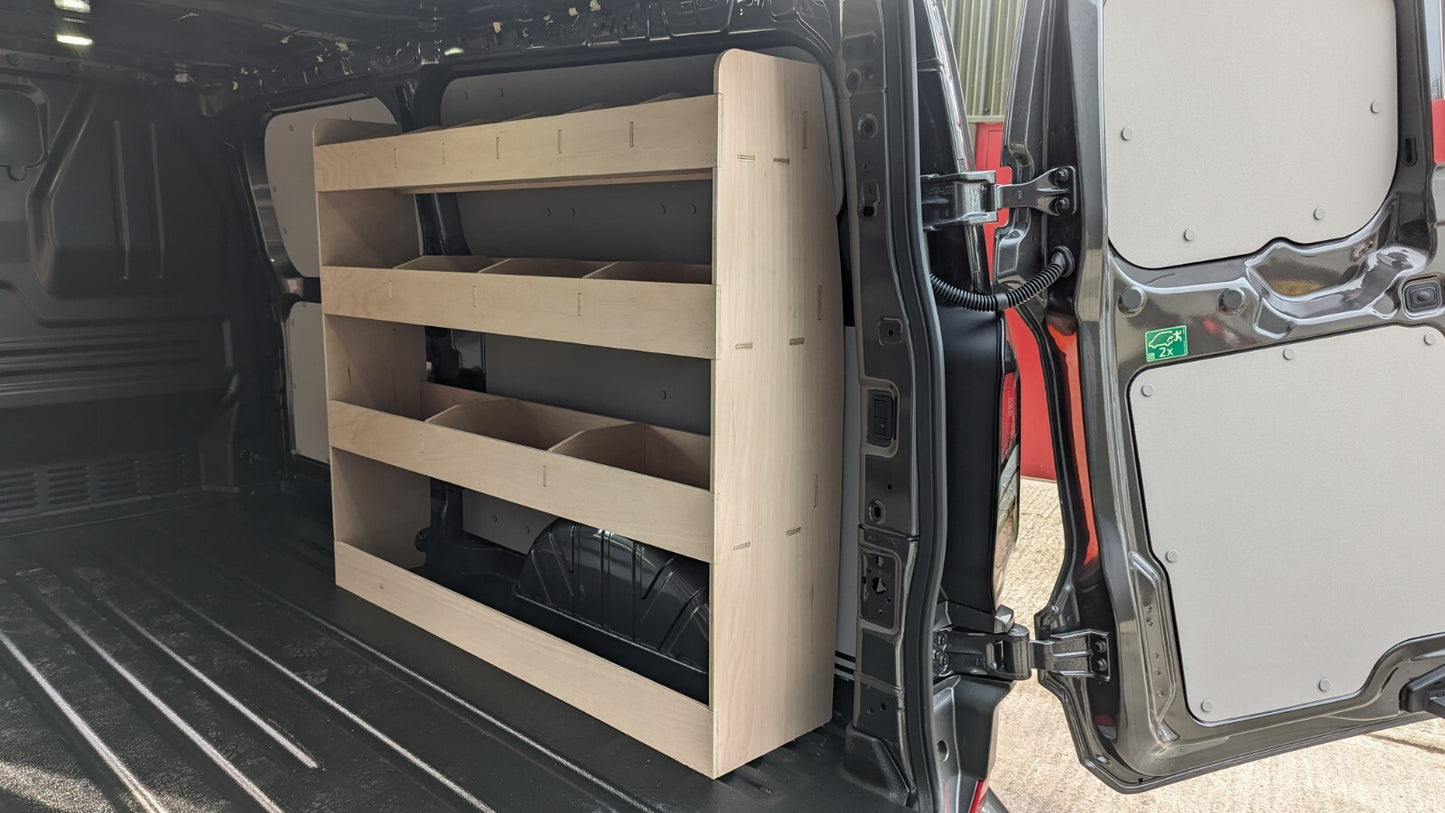 Ford Transit Custom 2024 van racking system with tool organizer, LWB model, designed for commercial vehicle storage and organization.