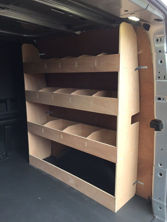 RS Ford Transit Custom Crew Cab L1 SWB 2012-2023 van racking with plywood shelving for organized cargo storage.