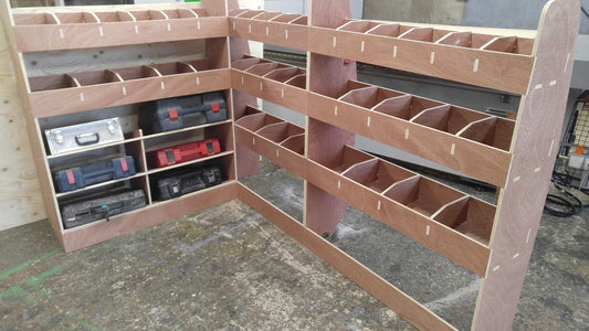 RS VW T5 T6 SWB triple van racking with plywood shelving for commercial vehicle storage in a van interior