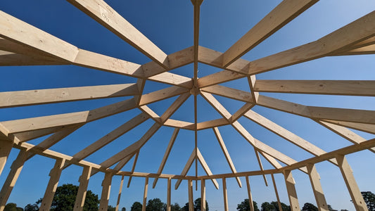 Shropshire CNC Octo Pod Frame Kit 4.0m modular building with metal frame, showing assembled structure and connecting components.