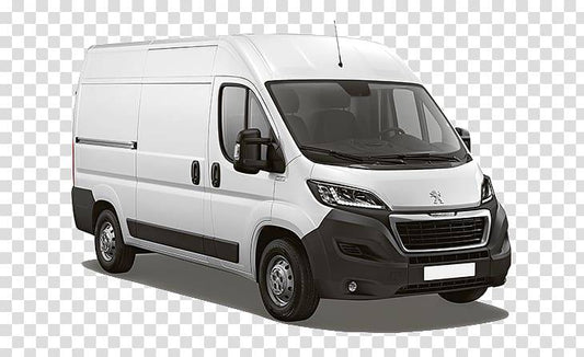 Peugeot Boxer van with ply lining interior, 2006+ model, showing the cargo space and fitted wooden panels.