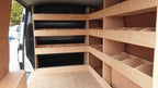 RS VW Transporter T5 T6 LWB triple van racking tool storage system organizer inside a commercial vehicle van.