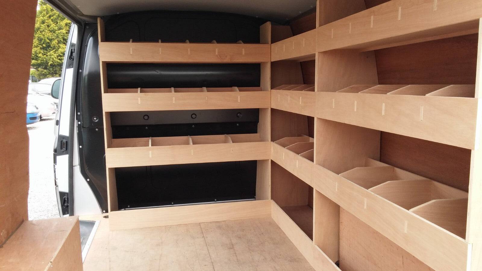 RS VW Transporter T5 T6 LWB triple van racking tool storage system organizer inside a commercial vehicle van.