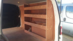 VW T5 Transporter LWB van racking system with plywood shelves for storage and organization of tools and equipment.