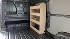 Ford Transit Custom 2024 SWB van rack interior setup showing organized storage and shelving for commercial vehicle use.