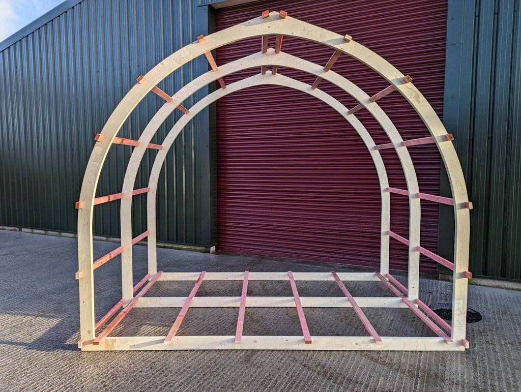 Shropshire CNC glamping pod frame arch kit, 3.2m modular building structure with metal arch components and construction details.
