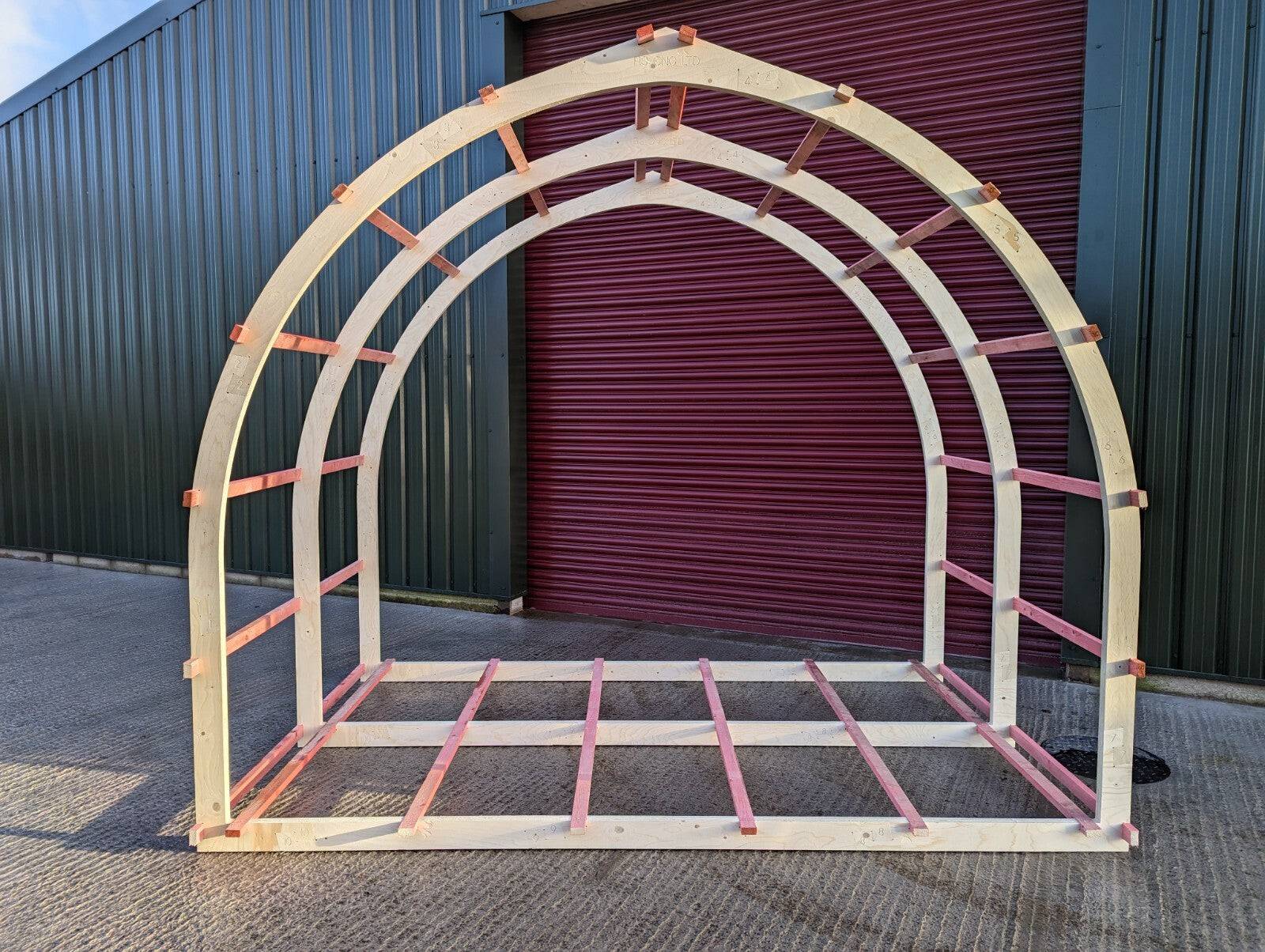 Shropshire CNC glamping pod frame arch kit, 3.2m modular building structure with metal arch components and construction details.