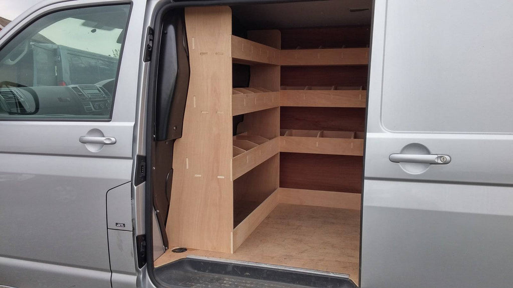 VW T6 Transporter Van Racking LWB complete plywood shelving system for efficient storage and organization inside commercial vans.
