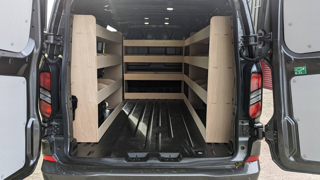 VW Transporter T7 LWB van shelving and tool organizer for commercial vehicle storage and organization inside the van.