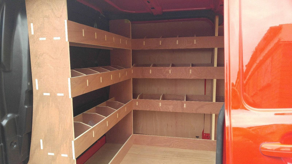 Ford Custom Van Racking LWB triple shelving with 12mm plywood storage shelves inside a commercial vehicle van.