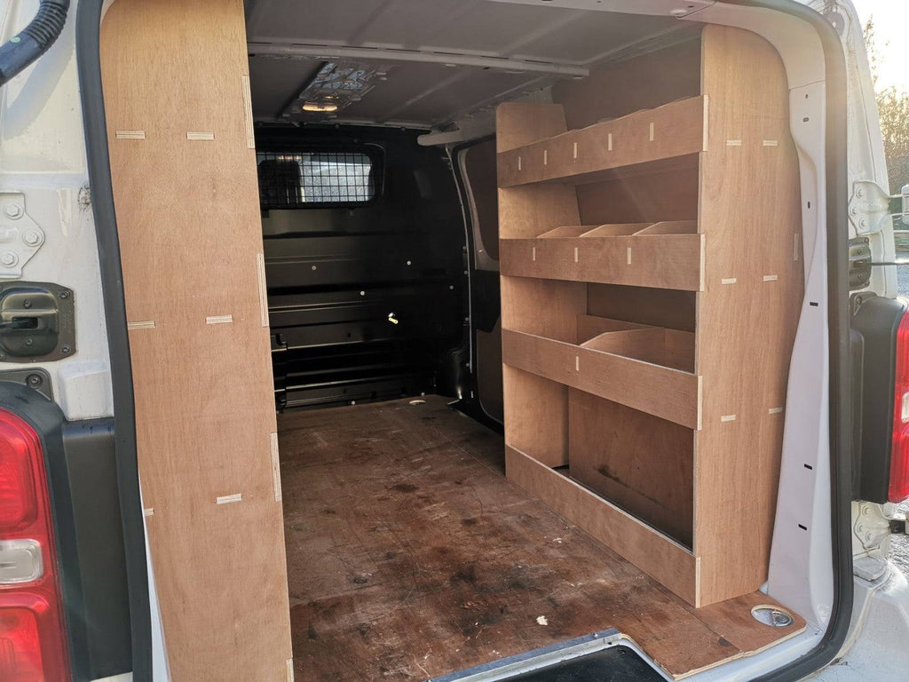 CNC Design rear van racking with plywood shelving for Citroen Dispatch MWB (2016), commercial vehicle storage solution.
