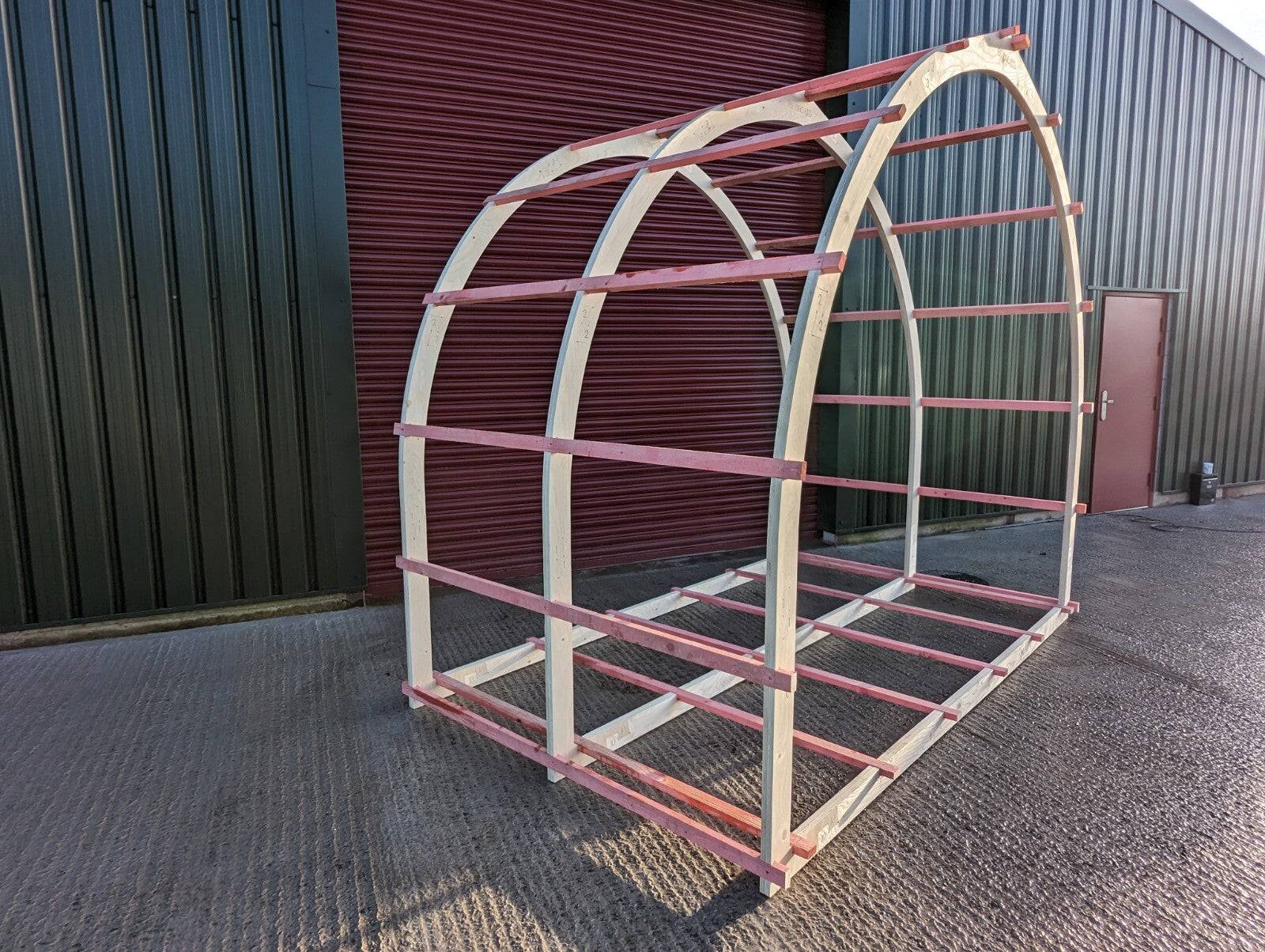 Shropshire CNC glamping pod frame arch kit, 3.2m modular building structure with metal frame and arch design for outdoor accommodation.