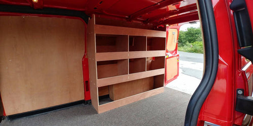 Ford Custom van plywood racking shelving for deep tool storage in LWB vans, suitable for commercial vehicle organization.
