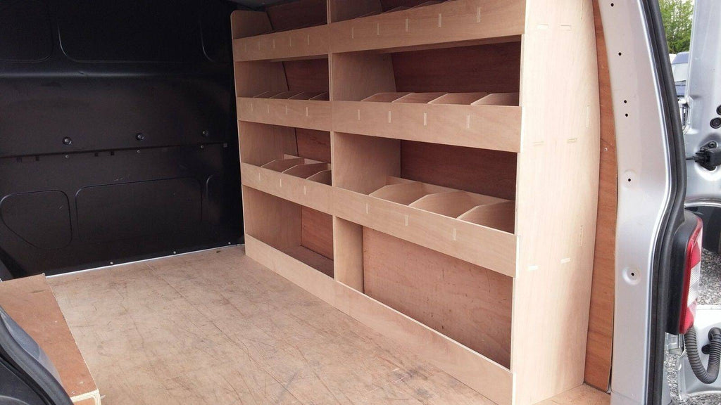 RS VW Transporter T5 T6 SWB full driver side van racking shelving for tool storage in commercial vehicle van interior