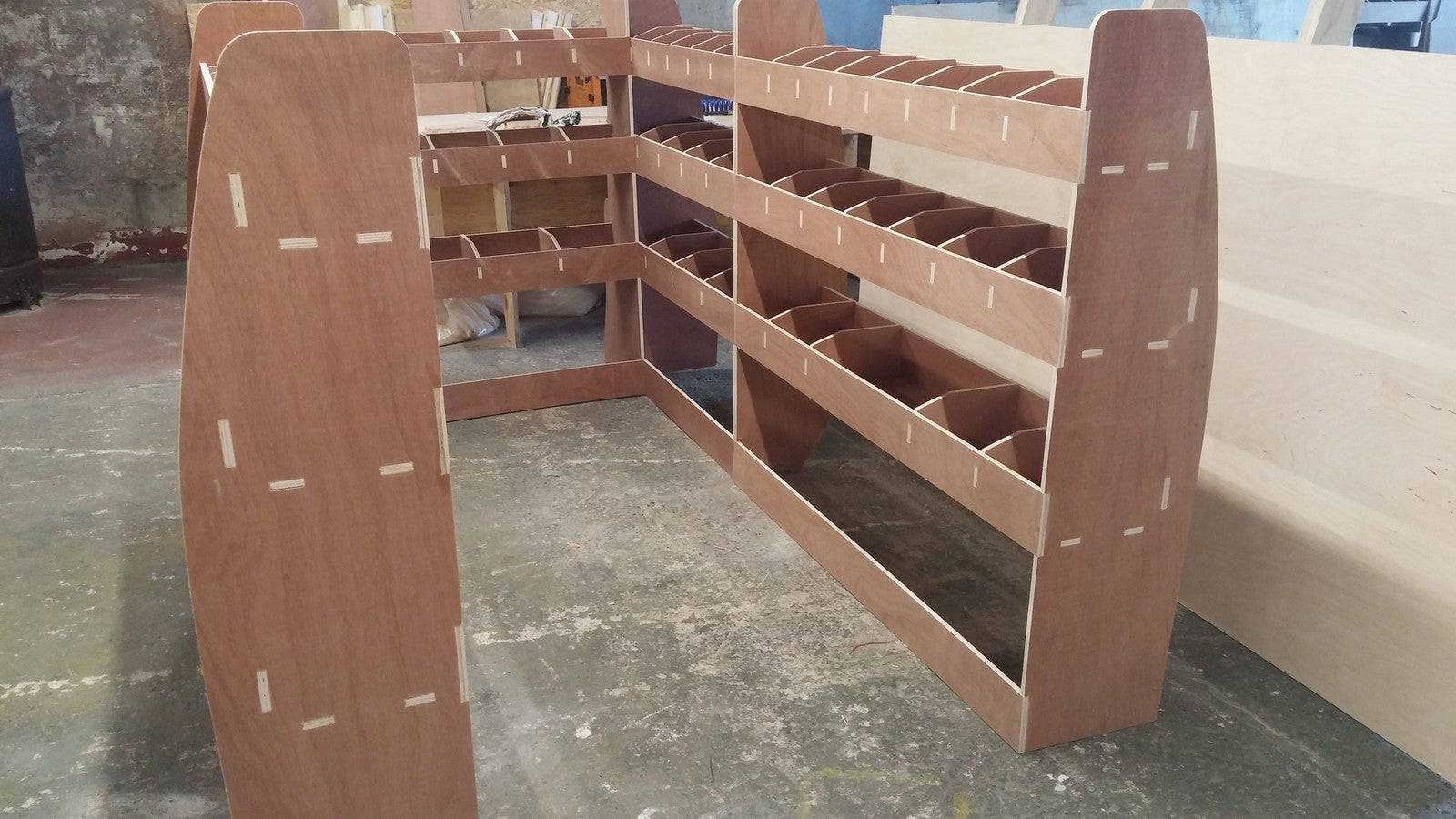 VW T6 Transporter Van Racking LWB complete plywood shelving system for commercial vehicle storage and organization.
