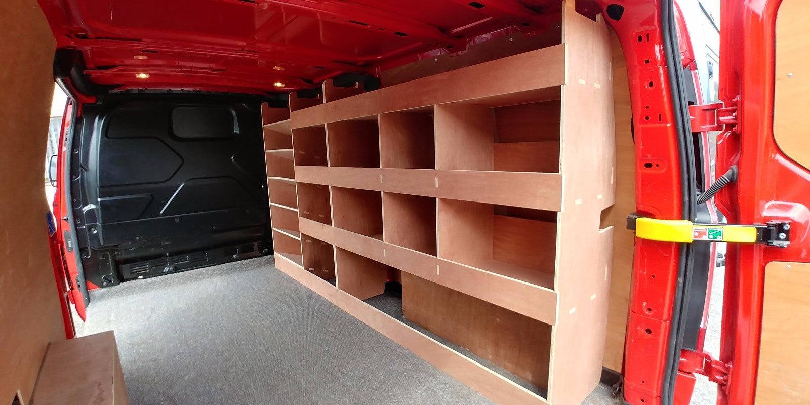 FORD Custom van racking with plywood shelving and deep storage for LWB vans, including a drill and service case inside.