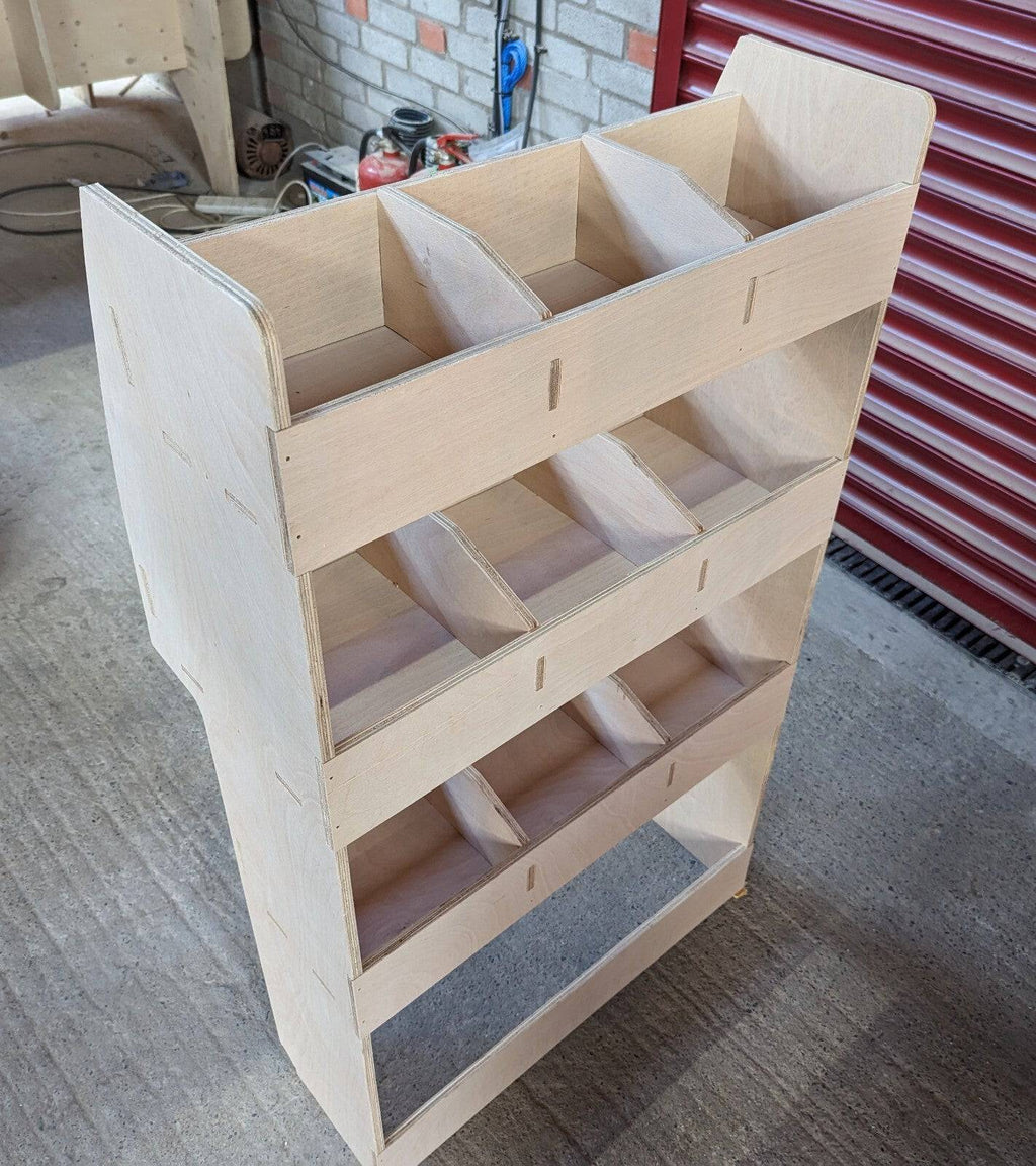 RS Ford Transit Connect 2014 van racking and shelving installed on both nearside and offside for organized storage.