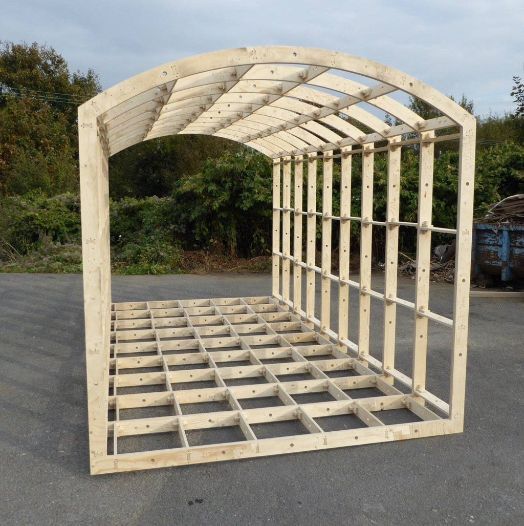 Shropshire CNC Basic Shepherds Hut Frame Kit showing modular building components, 2.59m wide, assembled for shepherds hut construction.