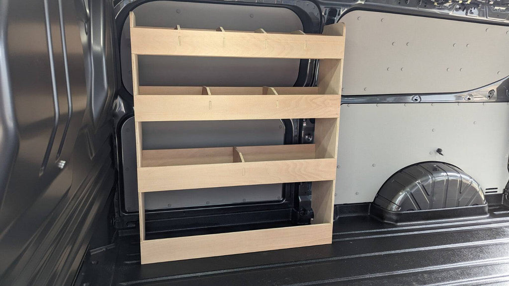 Ford Transit Custom 2024 van racking system installed in a SWB van, designed for commercial vehicle organization and storage.