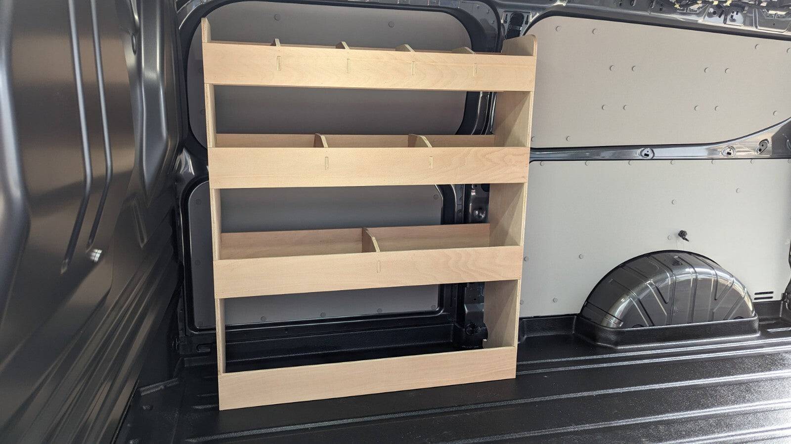 Ford Transit Custom 2024 van racking system installed in a SWB van, designed for commercial vehicle organization and storage.