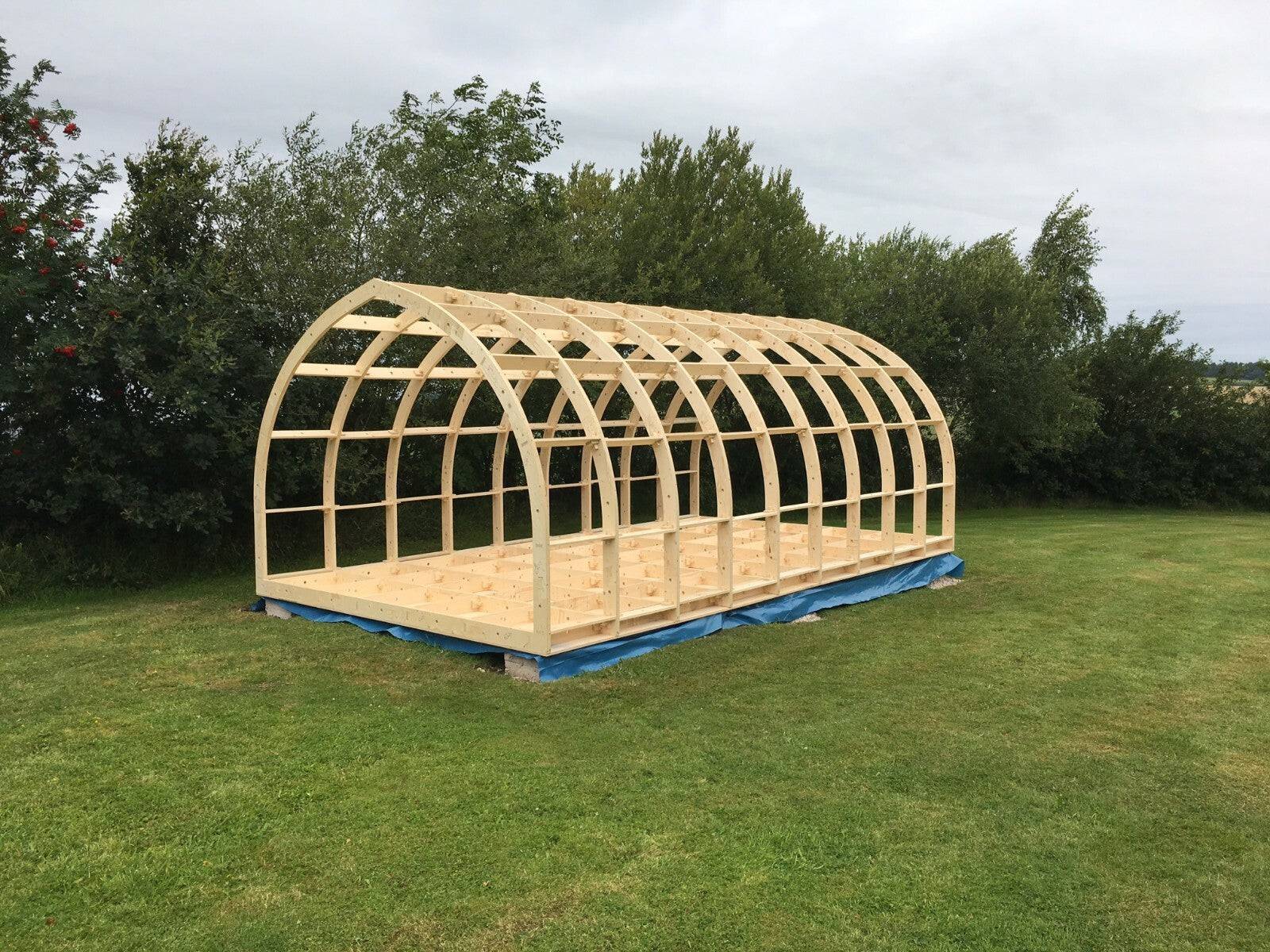 Shropshire CNC glamping pod frame kit with wide, high modular building in 6.0m x 3.4m x 2.99m size, showing assembled steel structure