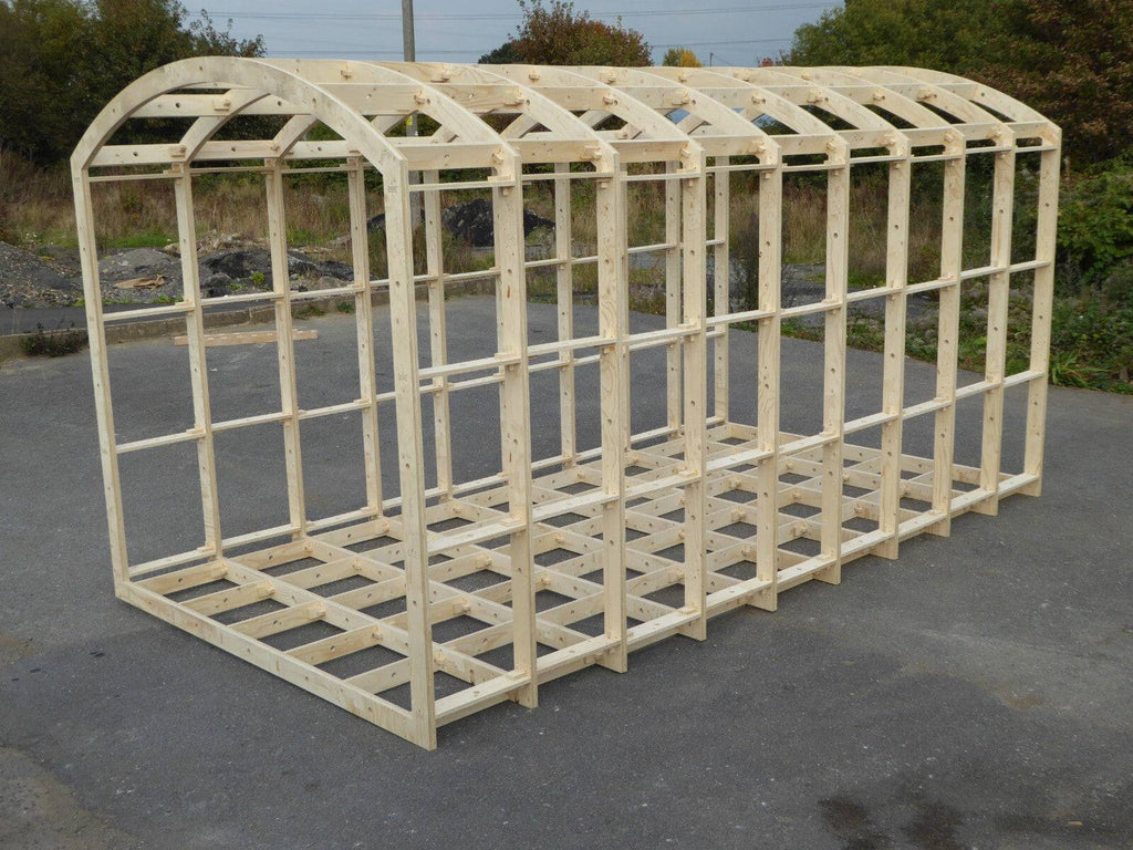 Modular shepherds hut frame kit by Shropshire CNC, 2.59m wide, showing assembled wooden framework for building a shepherd's hut.