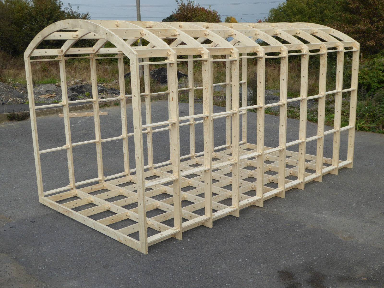 Modular shepherds hut frame kit by Shropshire CNC, 2.59m wide, showing assembled wooden framework for building a shepherd's hut.