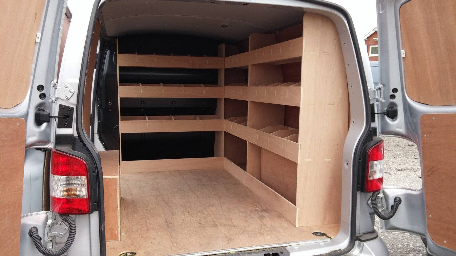 RS VW Transporter T5 T6 LWB triple van racking system with organized tool storage for commercial van interiors.