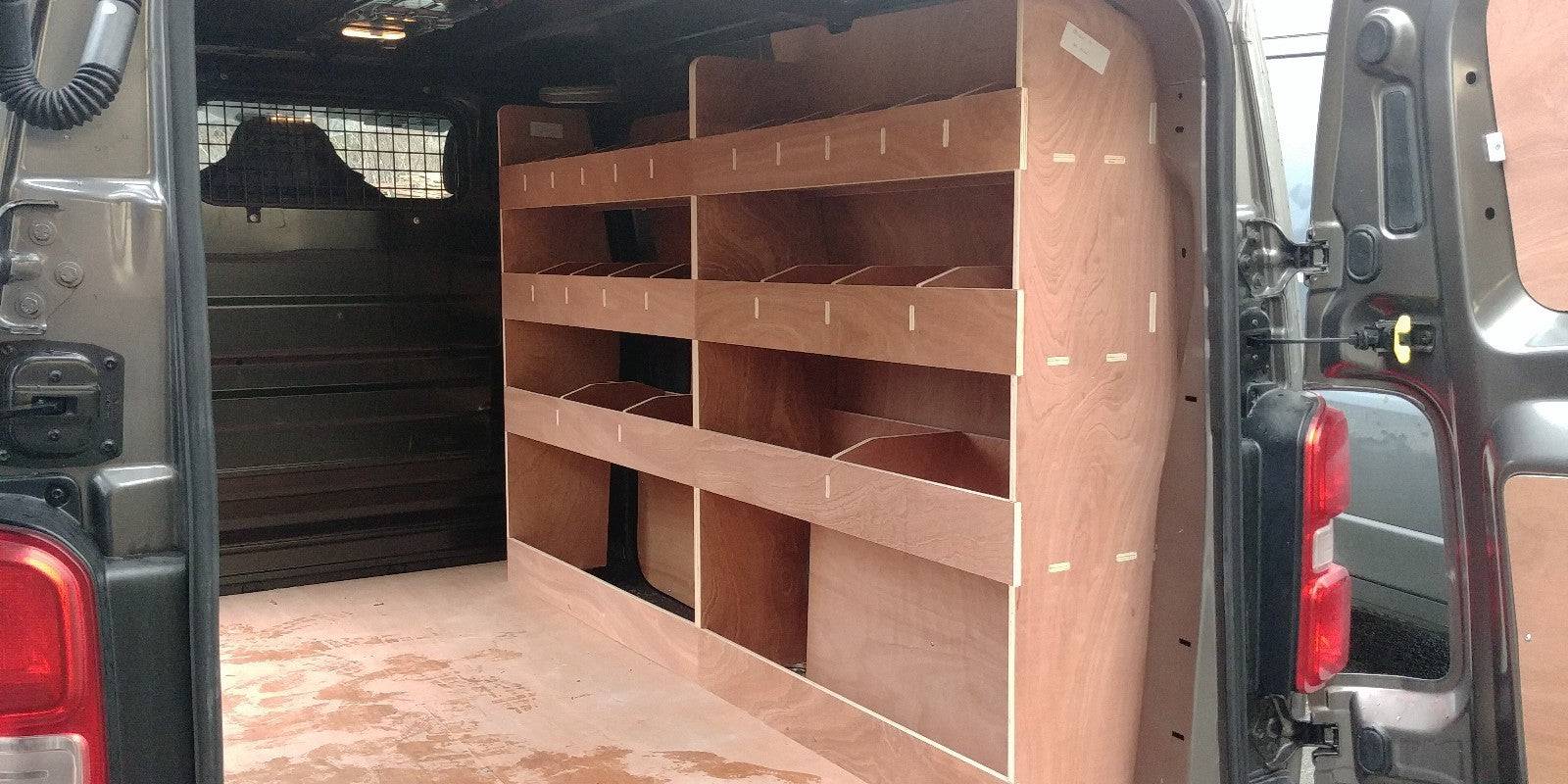 Vauxhall Vivaro MWB 2019 van racking with plywood shelving and storage compartments for commercial vehicle organization