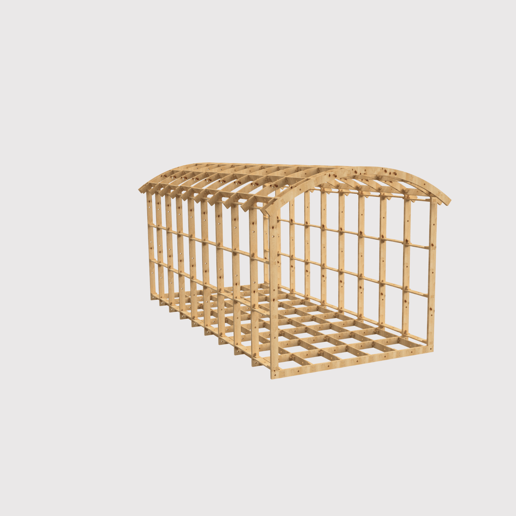 Shropshire CNC Shepherd's Hut Frame Kit showing modular building structure with wooden beams and frame components.