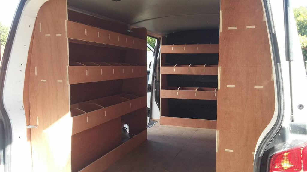 VW T6 Transporter Van Racking LWB complete plywood shelving storage system installed inside the vehicle.