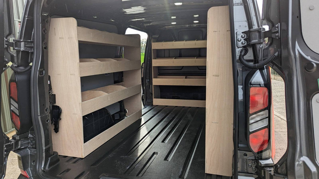 VW Transporter T7 LWB Van shelving racking tool organiser for commercial vehicle storage, mounted inside the van.