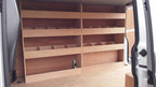 RS VW Transporter T5 T6 SWB full driver side van racking shelving for tool storage in commercial vehicle van.