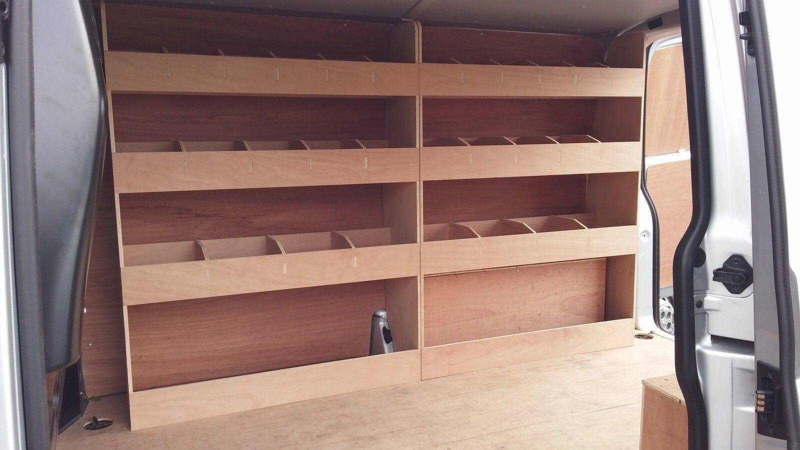 RS VW Transporter T5 T6 SWB full driver side van racking shelving for tool storage in commercial vehicle van.