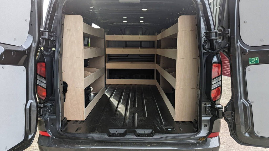 VW Transporter T7 LWB van shelving and racking tool organiser for commercial vehicle storage, installed inside the van cargo area.