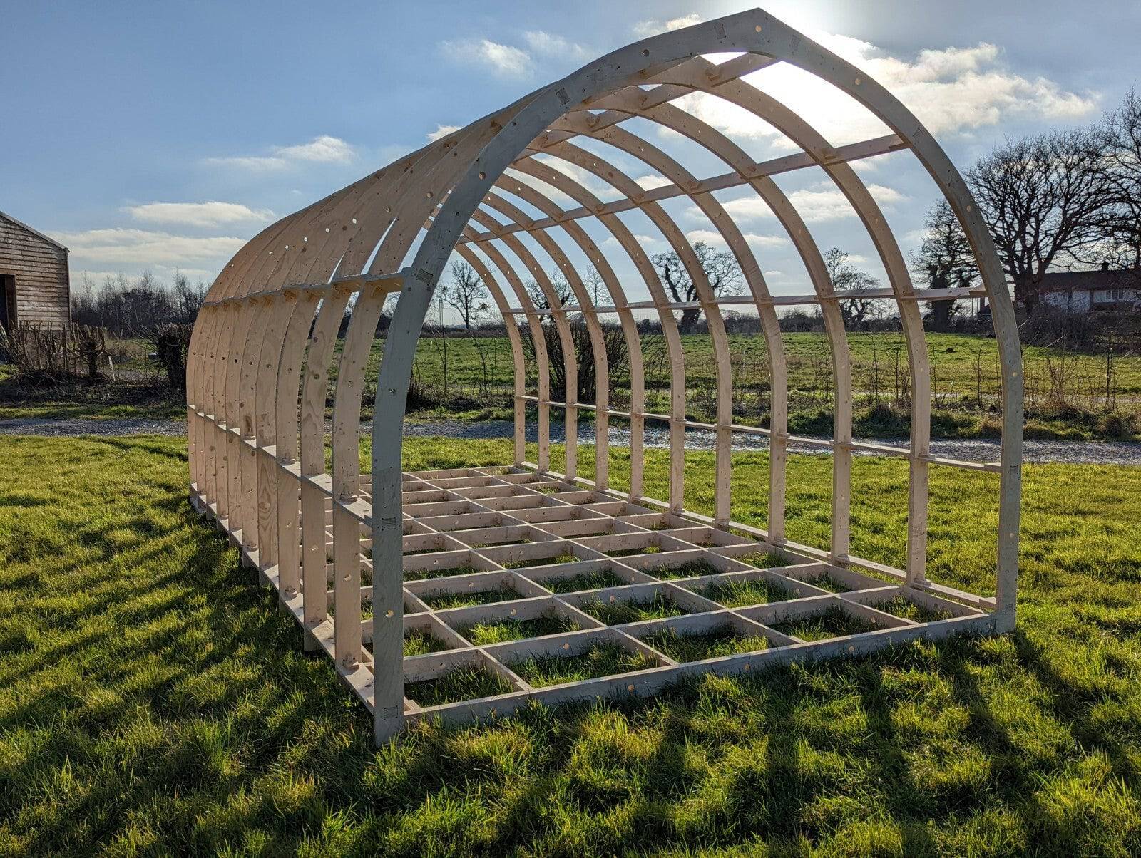 Shropshire CNC glamping pod frame kit, 4.2m wide, modular building structure with metal framing for outdoor accommodation.