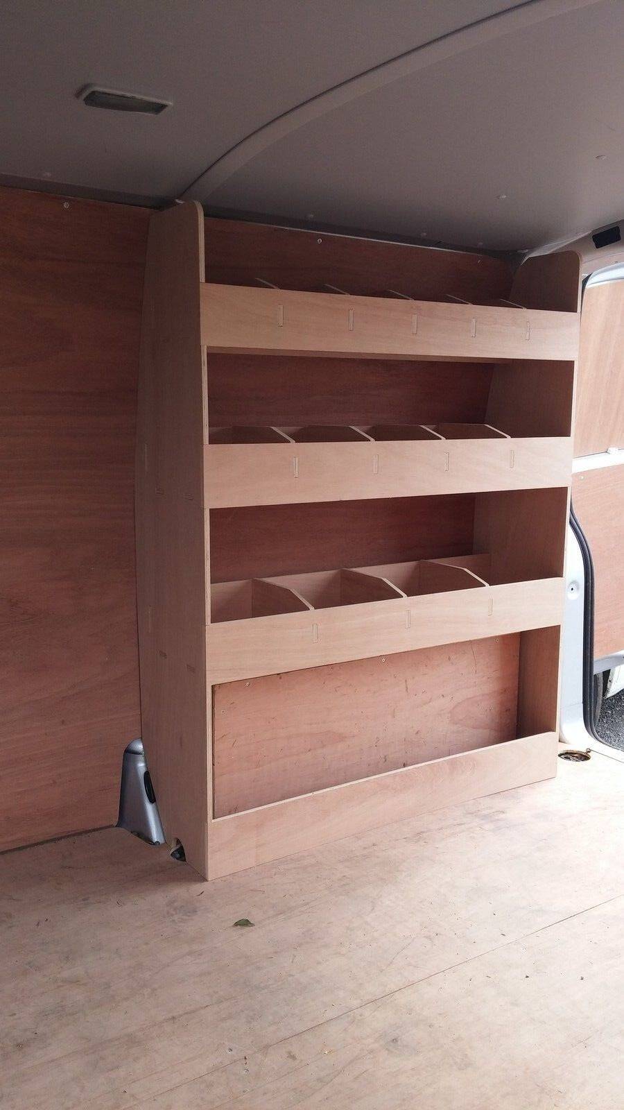 RS VW Transporter T5 T6 SWB driver side van racking shelving for tool storage, mounted inside commercial van.