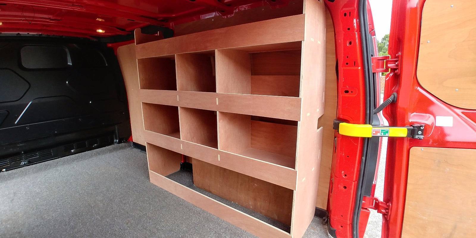 Ford Custom van plywood racking shelving for LWB vans, deep tool storage with sturdy construction for commercial vehicle organization.