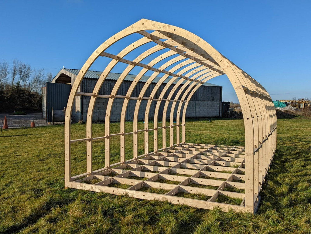 Shropshire CNC Pod Frame Kit, 2.95m modular building frame with metal components, assembled for structure and support.