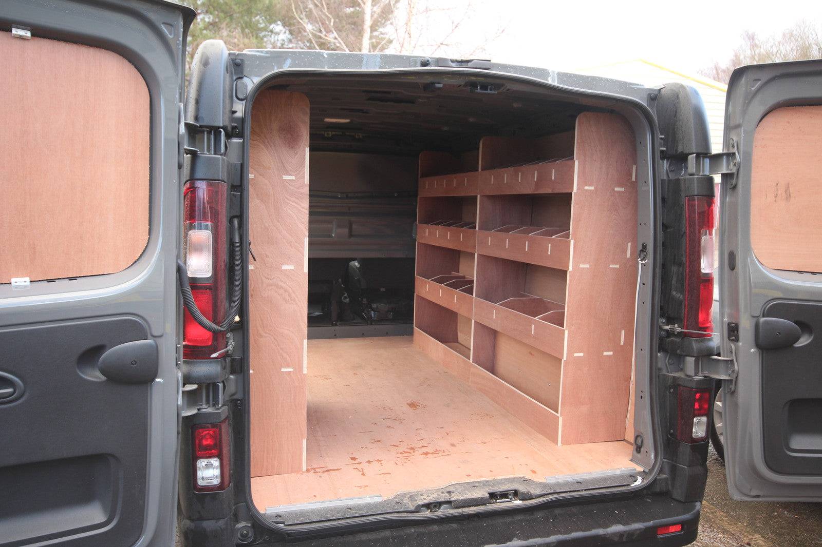 Vauxhall Vivaro SWB Van 2014-2018 triple unit plywood shelving for van racking and storage organization inside the vehicle.