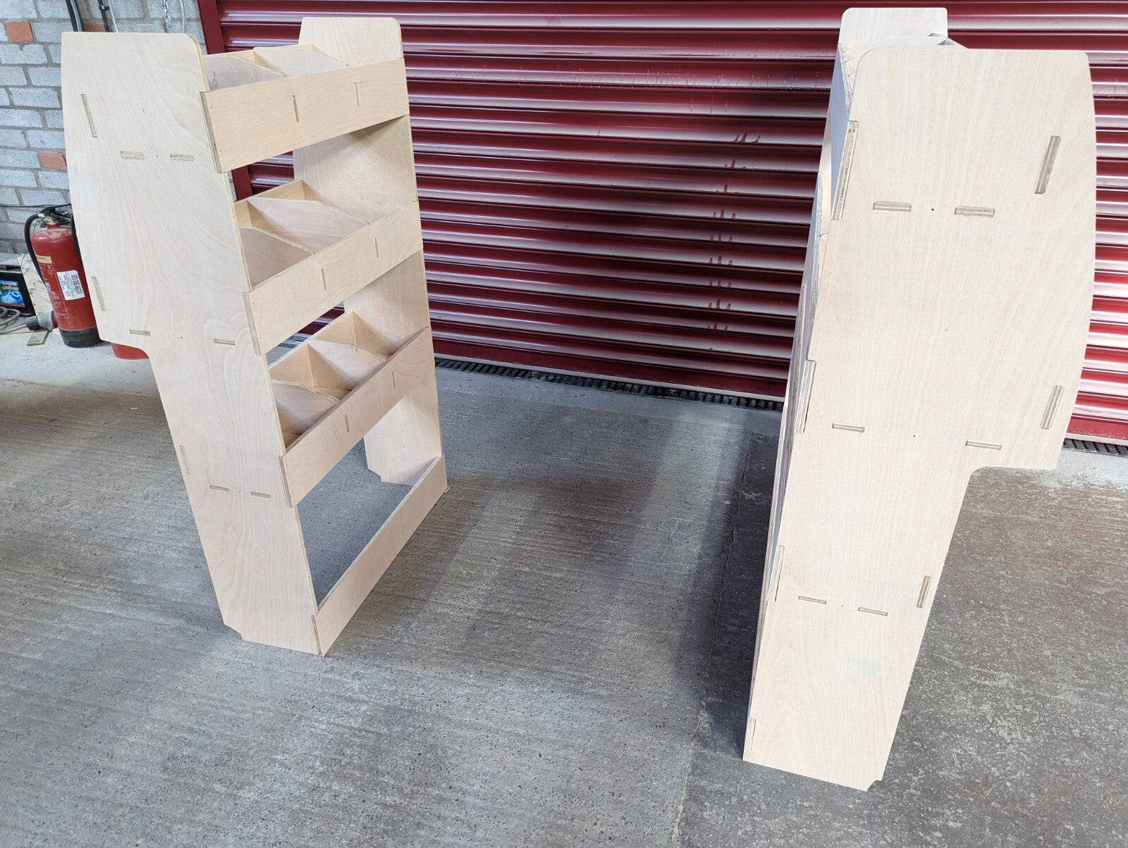 RS Ford Transit Connect 2014 van racking with shelving installed on near and off side for organized commercial vehicle storage.
