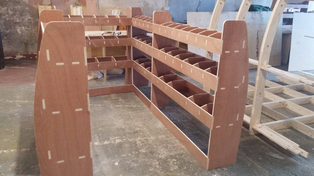 Volkswagen Transporter T5 LWB van racking with plywood shelves and storage compartments for commercial van organization