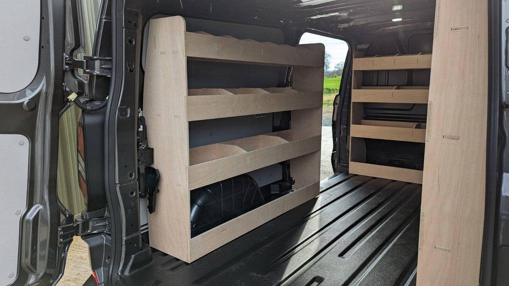 VW Transporter T7 LWB van shelving racking tool organiser inside the vehicle showing organized storage for tools and supplies.