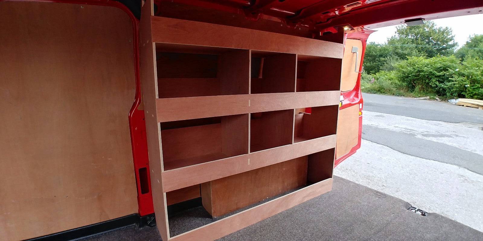 Ford Custom van LWB plywood racking shelving with deep tool storage in a commercial vehicle, designed for van and pickup organization.