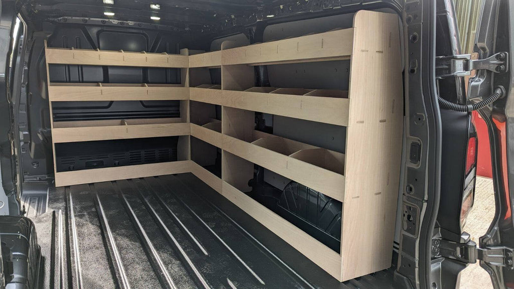 Ford Transit Custom 2024 van racking with triple shelving, LWB model, designed for organized commercial vehicle storage.